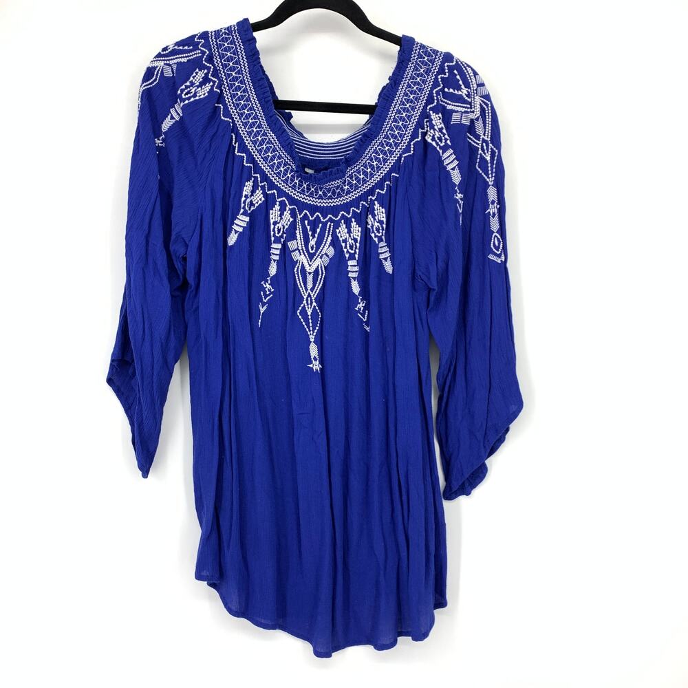 Terre Blue Off Shoulder 3/4 Flared Sleeve Top Womens Large Blue White Embroidery
